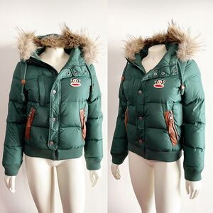 Whole Hauss Paul Frank Monkey Green Jacket/Puffer Fox Fur Trim 90s Y2K